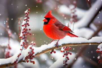 Red Cardinal on Snow Covered Branch - obrazy, fototapety, plakaty