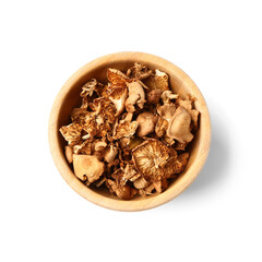 Wooden bowl with tasty dried mushrooms on white background