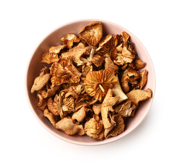Pink bowl with tasty dried mushrooms on white background