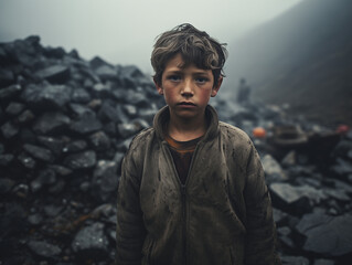 瓦礫で生活する少年の映画シーン - obrazy, fototapety, plakaty
