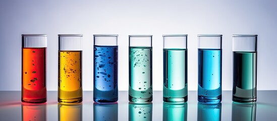 Cuvettes made of either quartz or polymer are used in analytical chemistry for photometric analysis These cuvettes are filled with liquids that have various colors against a background that - obrazy, fototapety, plakaty