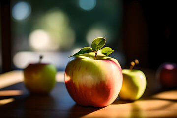 Fresh red apples on wooden background. AI generated content