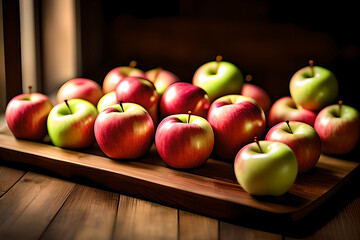 Fresh red apples on wooden background. AI generated content