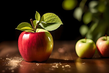 Fresh red apples on wooden background. AI generated content