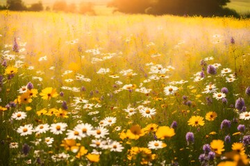 An idyllic countryside landscape filled with vibrant fields of wildflowers, a gentle breeze rustling through the blossoms