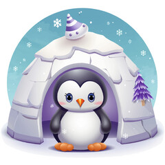 cute Penguin Sticker, Vector Graphic, Wintertime and Igloo, generated ai	