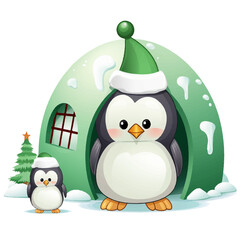 cute Penguin Sticker, Vector Graphic, Wintertime and Igloo, generated ai	