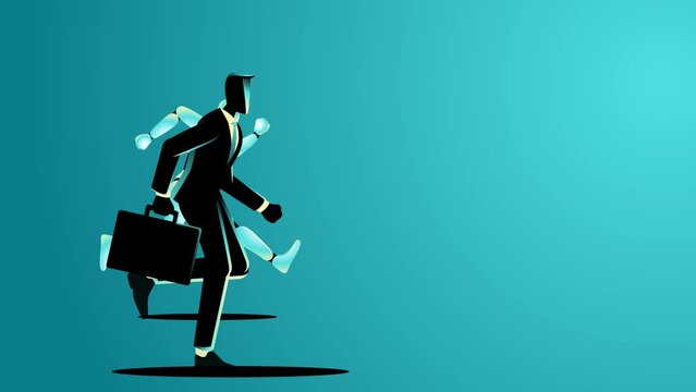 Motion graphics of a businessman racing against robot, depiction of human ingenuity challenging technological advancement. Innovation, competition, and the quest for excellence in modern business