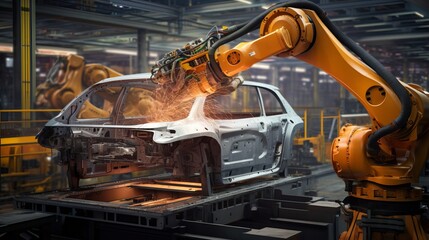 a car manufacturing process in a factory with robots welding the car body.close up - obrazy, fototapety, plakaty