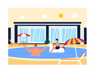 Mans is swimming. Trip and vacation illustration.