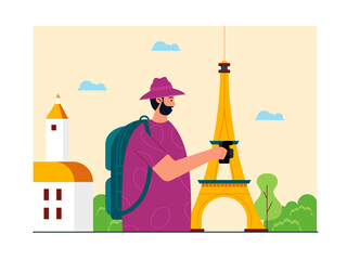 Man visiting the Eiffel tower. Trip and vacation illustration.