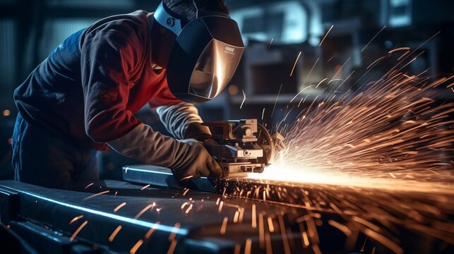 a welder in a factory, skillfully operating a welding machine. Sparks fly as the welder, clad in protective gear, works on a large piece of metal.close up
