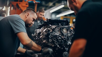 Workers in a quality control department carefully examining vehicle components for flaws.close up