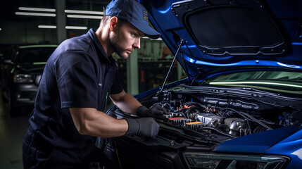 A technician performing a diagnostic check on a newly assembled vehicle.close up