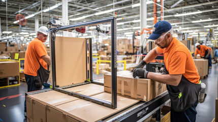 a group of workers in an industrial warehouse, assembling and packaging products. It showcases the process of teamwork and efficiency in a production setting.backgrond - obrazy, fototapety, plakaty