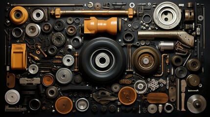 mechanical parts and tools transformation of raw materials into refined automobile parts. on a black - obrazy, fototapety, plakaty
