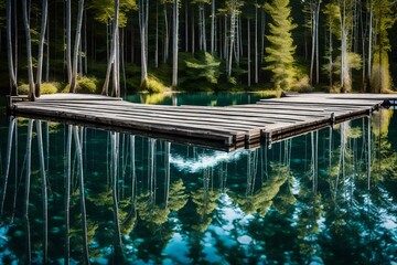 A close-up of a rustic wooden pier extending over a crystal clear lake, the reflection of the sky...