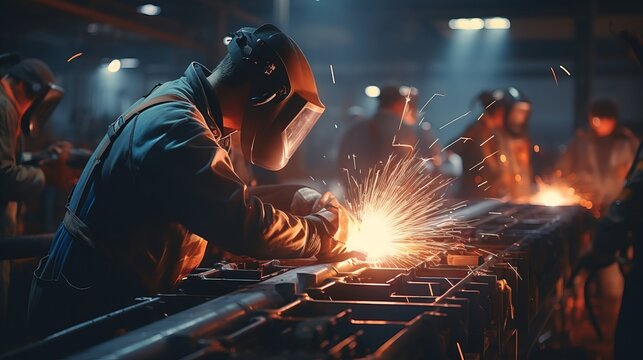 a team of welders in a factory, working on a large metal structure, using welding torches and rods, amidst sparks, wearing protective gear.Background