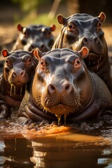 Family of hippos wallowing in a watering hole, Generative AI