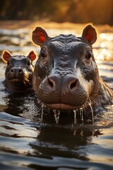 Family of hippos wallowing in a watering hole, Generative AI