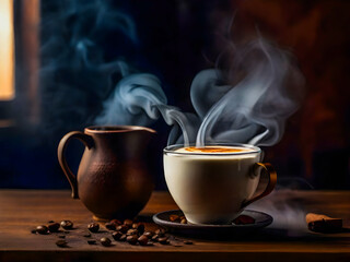 Fototapeta premium cup of coffee with smoke. Steaming the coffee on a table. food photography concept.