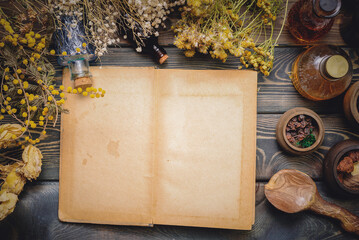 Recipe book. Magic book. Herbal medicine concept background. Dry natural ingredients and remedy...