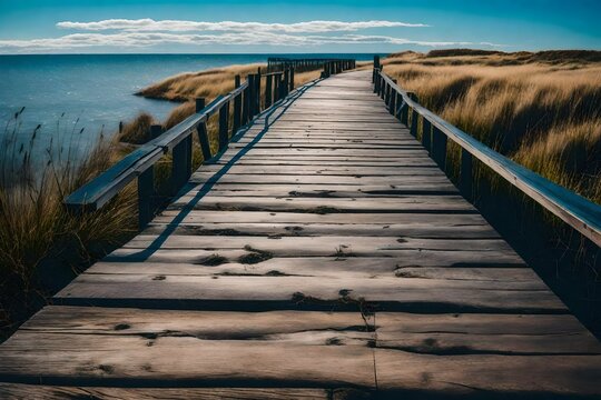 A weathered wooden boardwalk leading into the horizon, with the vast blue sky as the backdrop