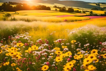 An idyllic countryside landscape filled with vibrant fields of wildflowers, a gentle breeze rustling through the blossoms