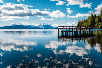 A close-up of a rustic wooden pier extending over a crystal clear lake, the reflection of the sky...