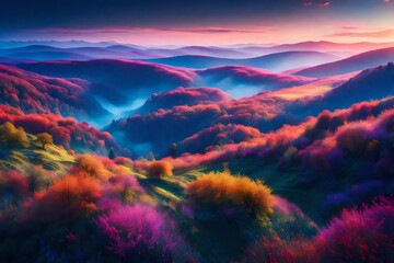 Fototapeta na wymiar A surreal, dreamlike interpretation of the Bieszczady Mountains in Poland, with floating islands in the sky, glowing flora, and vibrant, otherworldly colors
