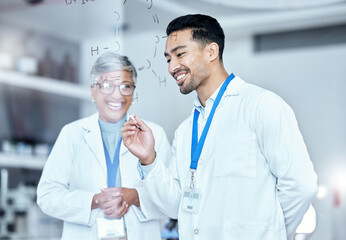 Scientist, team and equation on glass board, brainstorming with medical research, chemistry or...
