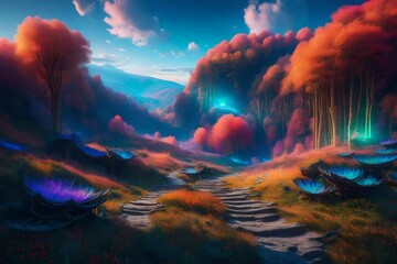 A surreal, dreamlike interpretation of the Bieszczady Mountains in Poland, with floating islands in the sky, glowing flora, and vibrant, otherworldly colors
