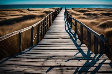 A weathered wooden boardwalk leading into the horizon, with the vast blue sky as the backdrop - obrazy, fototapety, plakaty