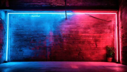 Vibrant red and blue neon lights paint a dramatic backdrop on the brick wall, nightlife scenes, neon cityscape texture, room with wall and spotlights