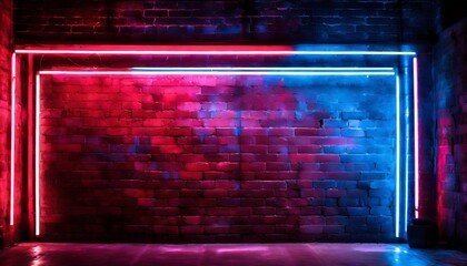 Vibrant red and blue neon lights paint a dramatic backdrop on the brick wall, nightlife scenes, neon cityscape texture, spotlight with curtains