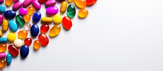 On a bright surface there are numerous tablets of various colors spread around