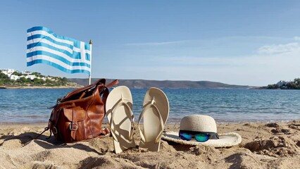 travel destination, vacation, tour tourism in Greece- bag, hat, sunglasses and Greek flag - Powered by Adobe
