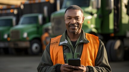 Photo of african american mechanic with a tablet in his hands, smiling. With parked vehicles in the background out of focus