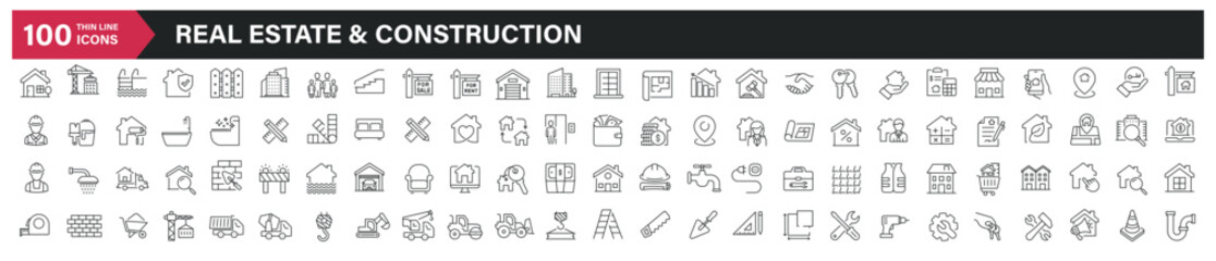 Real estate and construction minimal thin line icons. Related building, construction, house, apartement, sale, rent, mortagage. Editable stroke. Vector illustration.
