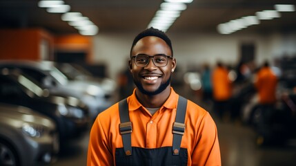 Photo of african american professional mechanic smiling. With cars parked in the background out of focus