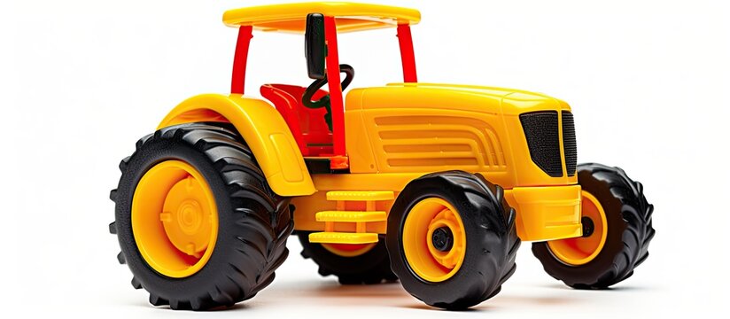 A white background highlights a toy tractor standing alone