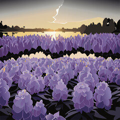 Obraz premium Blooming common water hyacinth flower plants in lake view during sunrise.