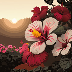 Beautiful hibiscus flowers in garden view during sunrise.