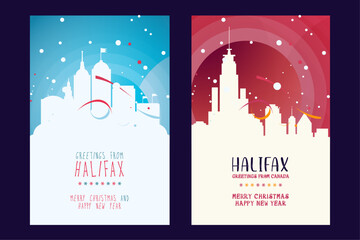 Halifax city poster with Christmas skyline, cityscape, landmarks. Winter Canada Nova Scotia holiday, New Year vertical vector layout for brochure, website, flyer, leaflet, card - obrazy, fototapety, plakaty