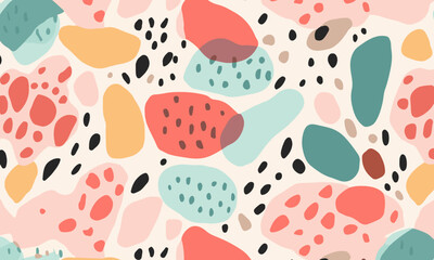 Abstract doodle design terrazo pattern with pastel background in the style of a 1970's handdrawn illustration