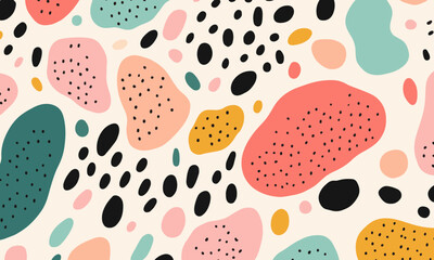 Abstract doodle design terrazo pattern with pastel background in the style of a 1970's handdrawn illustration