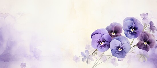 A manipulated photo featuring retro paper background and decorative purple pansies resembling fake watercolor - obrazy, fototapety, plakaty