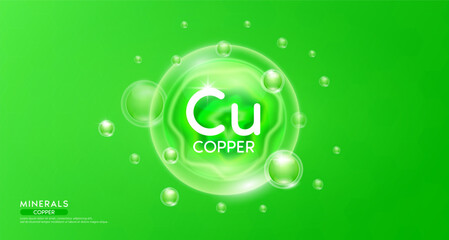 Copper minerals inside green bubble floating in the air. Vitamins complex essential supplement to the health care. For food  nutrition and medicine. Science medical concept. Banner 3D vector.