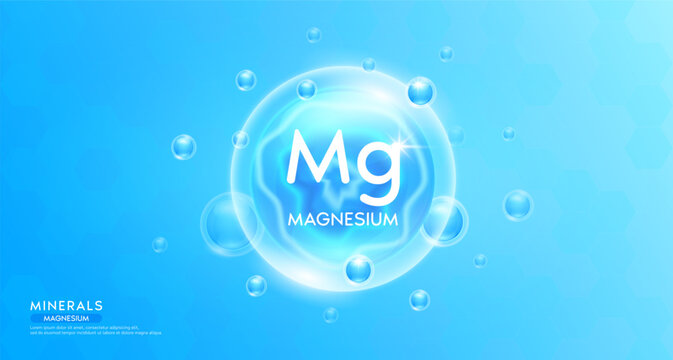 Magnesium minerals inside blue bubble floating in the air. Vitamins complex essential supplement to the health care. For food  nutrition and medicine. Science medical concept. Banner 3D vector.