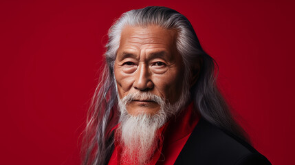 Portrait of an elderly handsome Asian senior man old with gray long hair, on a red background, banner.